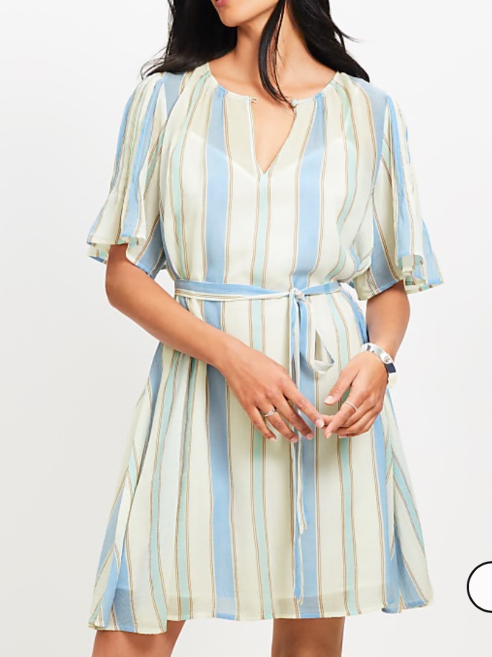 LOFT Vertical Stripe Tie-Waist Flutter Mini Dress‎ in Light Blue and Cream